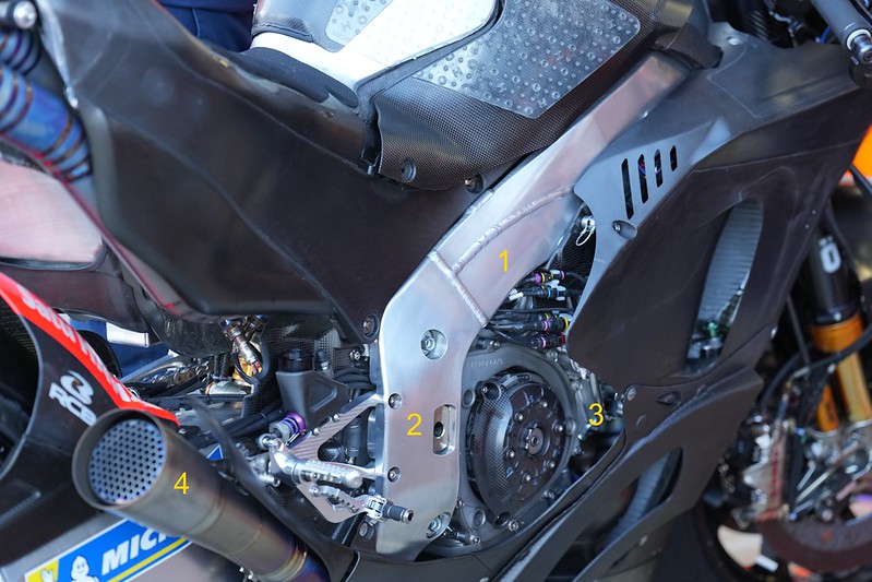 A detailed, labeled photo of the Honda RC213V prototype at the Valencia 2022 MotoGP test